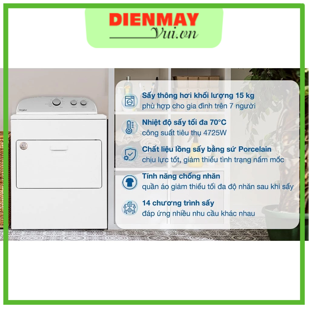 Máy sấy thông hơi Whirlpool 15 kg 3LWED4815FW0