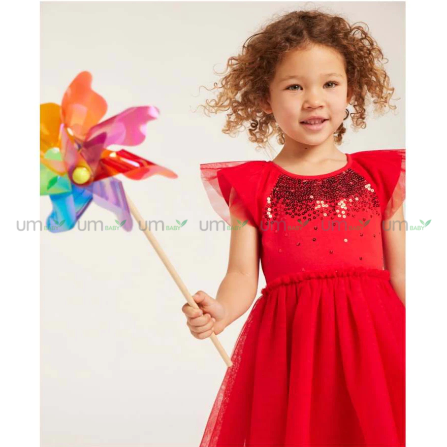 Đầm tutu đỏ cho bé gái 1-7T Mini Mango váy voan đính sequin đầm lễ hội giáng sinh tết cho bé gái váy đầm bé gái xuất dư