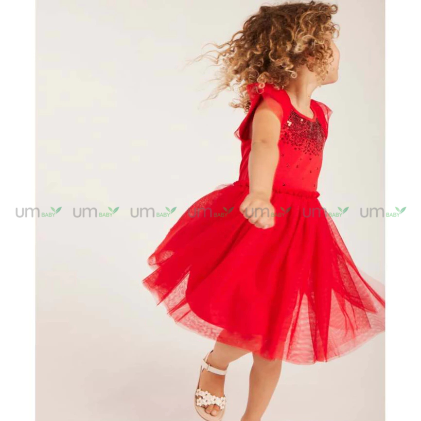 Đầm tutu đỏ cho bé gái 1-7T Mini Mango váy voan đính sequin đầm lễ hội giáng sinh tết cho bé gái váy đầm bé gái xuất dư