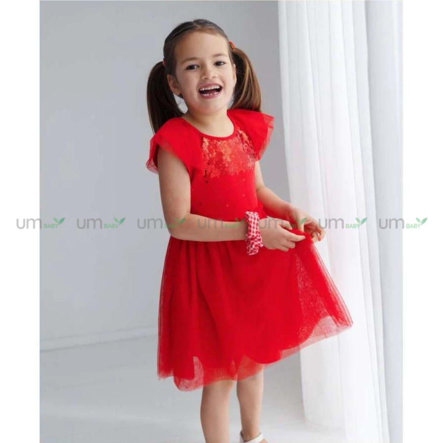 Đầm tutu đỏ cho bé gái 1-7T Mini Mango váy voan đính sequin đầm lễ hội giáng sinh tết cho bé gái váy đầm bé gái xuất dư