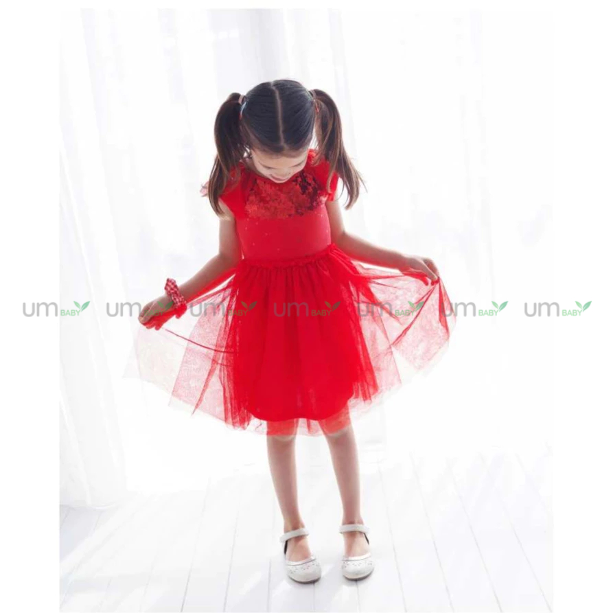 Đầm tutu đỏ cho bé gái 1-7T Mini Mango váy voan đính sequin đầm lễ hội giáng sinh tết cho bé gái váy đầm bé gái xuất dư