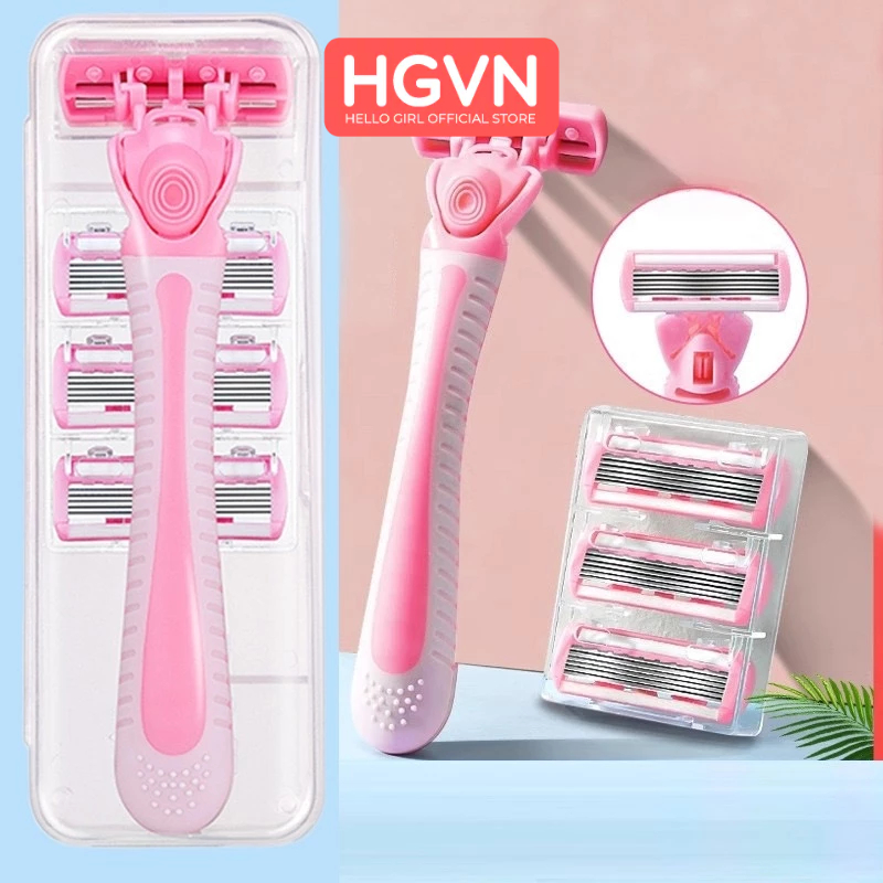 Dụng cụ dao cạo cầm tay cho nữ loại bỏ lông mu chân tay nách vùng kín lưỡi 6 lớp chống xước da có hộp đựng tặng 3 lưỡi