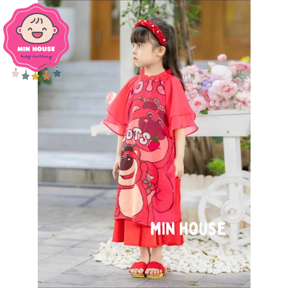 Set áo dài cách tân ĐỎ gấu dâu TAY LOE 2 LỚP phối chân váy lụa KÈM BỜM cho bégái du Xuân