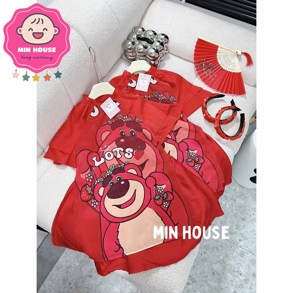 Set áo dài cách tân ĐỎ gấu dâu TAY LOE 2 LỚP phối chân váy lụa KÈM BỜM cho bégái du Xuân