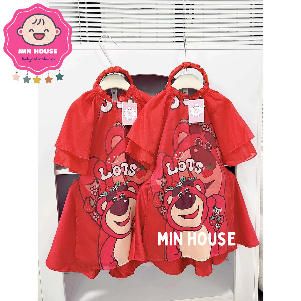 Set áo dài cách tân ĐỎ gấu dâu TAY LOE 2 LỚP phối chân váy lụa KÈM BỜM cho bégái du Xuân