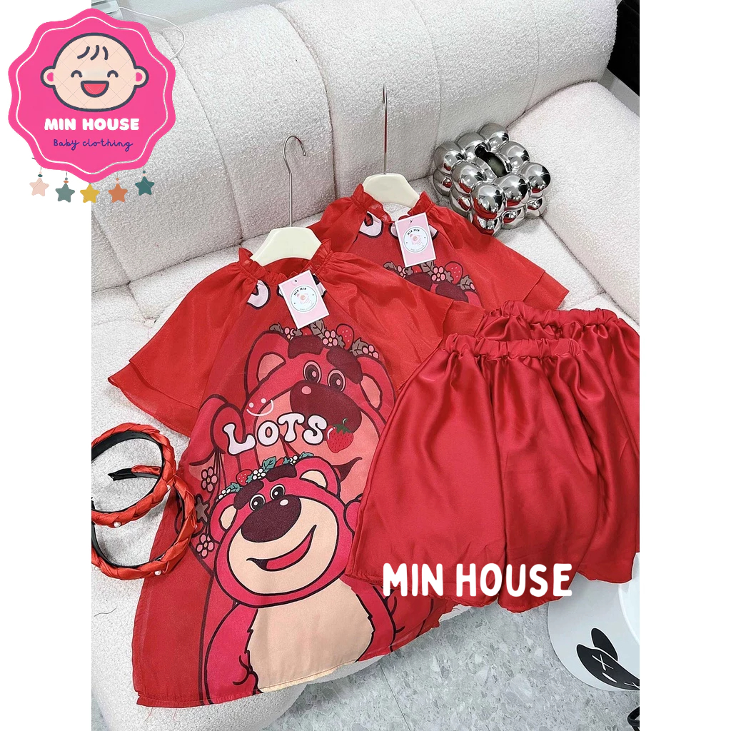 Set áo dài cách tân ĐỎ gấu dâu TAY LOE 2 LỚP phối chân váy lụa KÈM BỜM cho bégái du Xuân