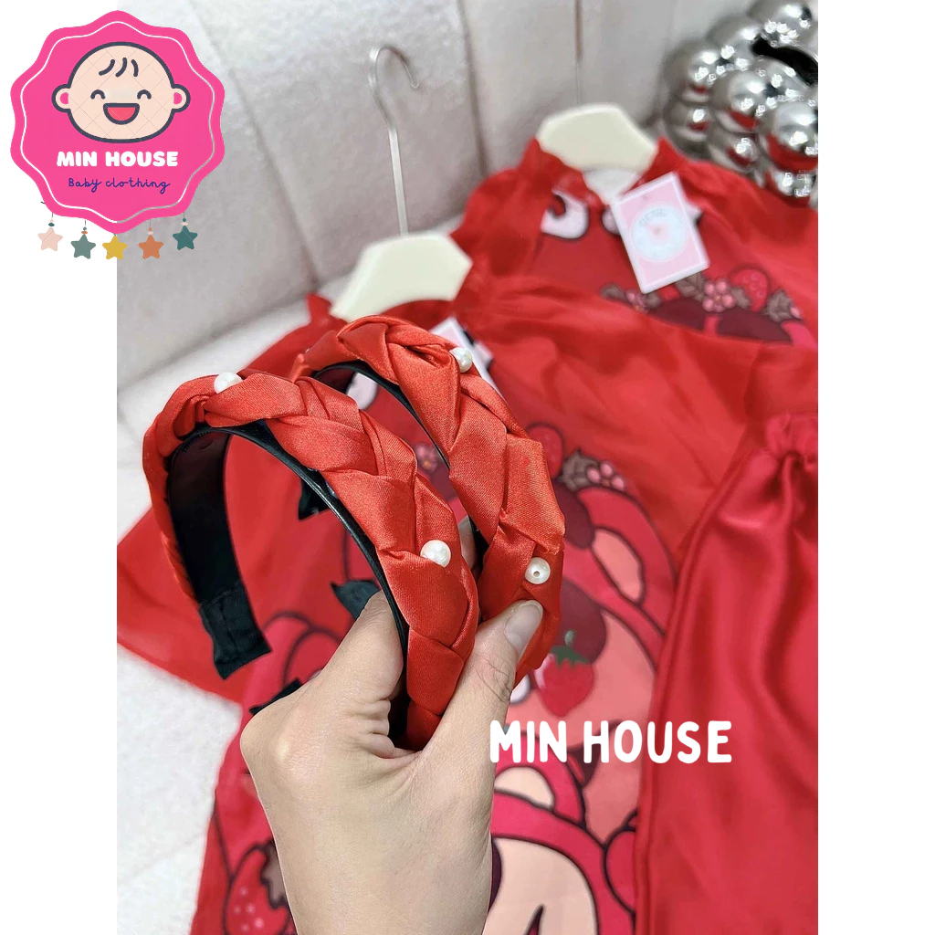 Set áo dài cách tân ĐỎ gấu dâu TAY LOE 2 LỚP phối chân váy lụa KÈM BỜM cho bégái du Xuân