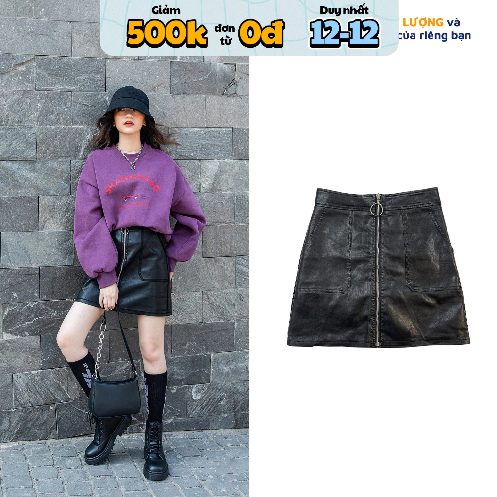 Chân váy da dáng chữ A MINION CLOTHING dài trên gối Ulzzang Streetwear Hàn Quốc chất da dày dặn không bong tróc V2805