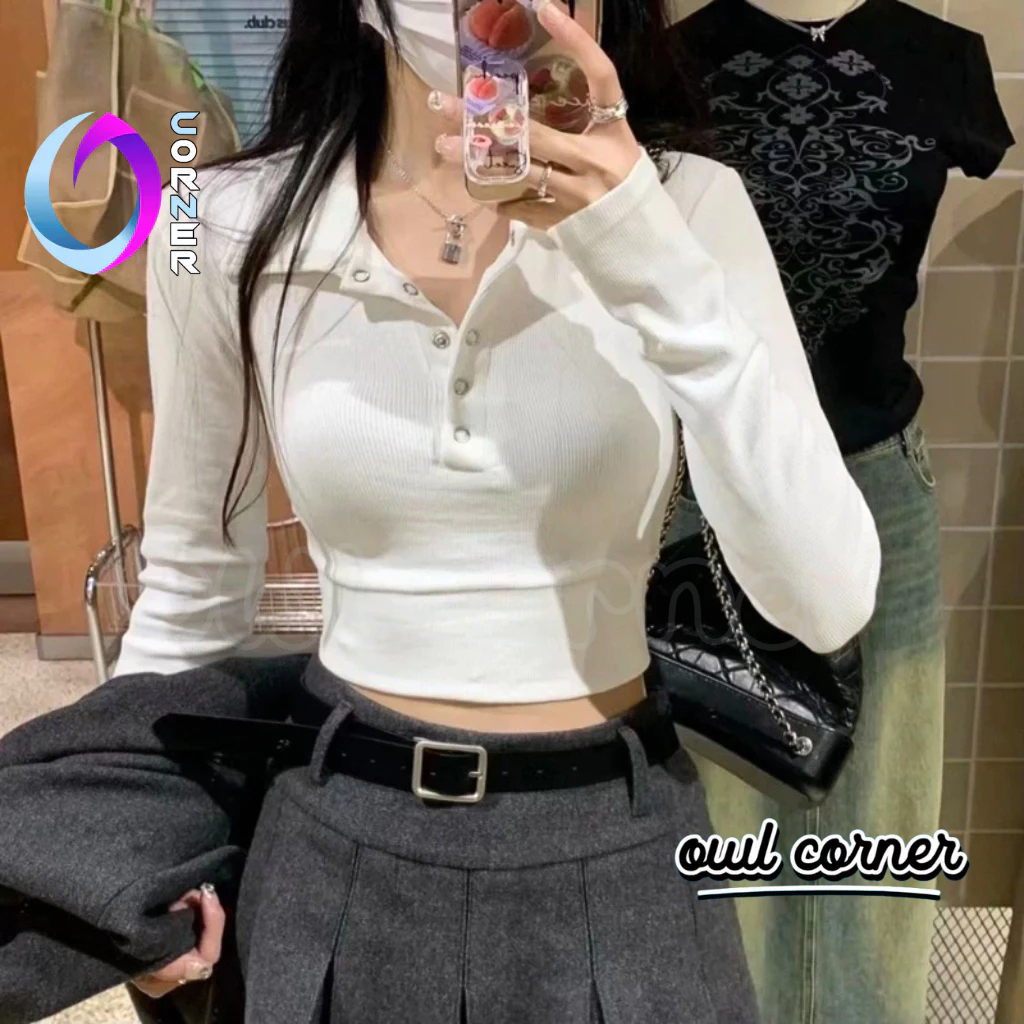 Áo Croptop Ôm Body TAY DÀI CỔ POLO NÚT BẤM Chất Thun Gân Kiểu Nữ, Áo Thun Croptop Nữ Kiểu Sexy Đẹp Thời Trang OWL CORNER