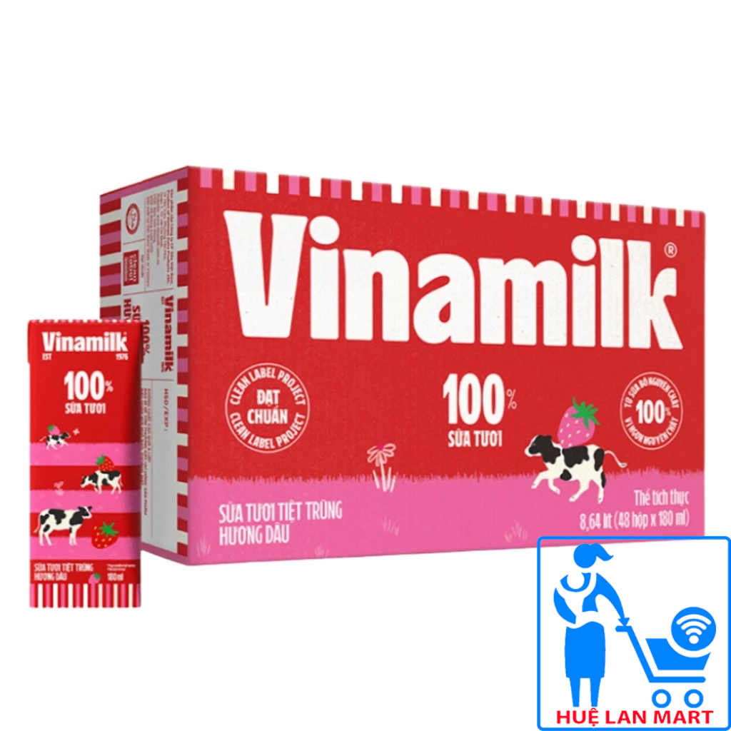 [CHÍNH HÃNG] Sữa Tươi Tiệt Trùng Vinamilk 100% Hương Dâu Thùng 48 Hộp x 180ml
