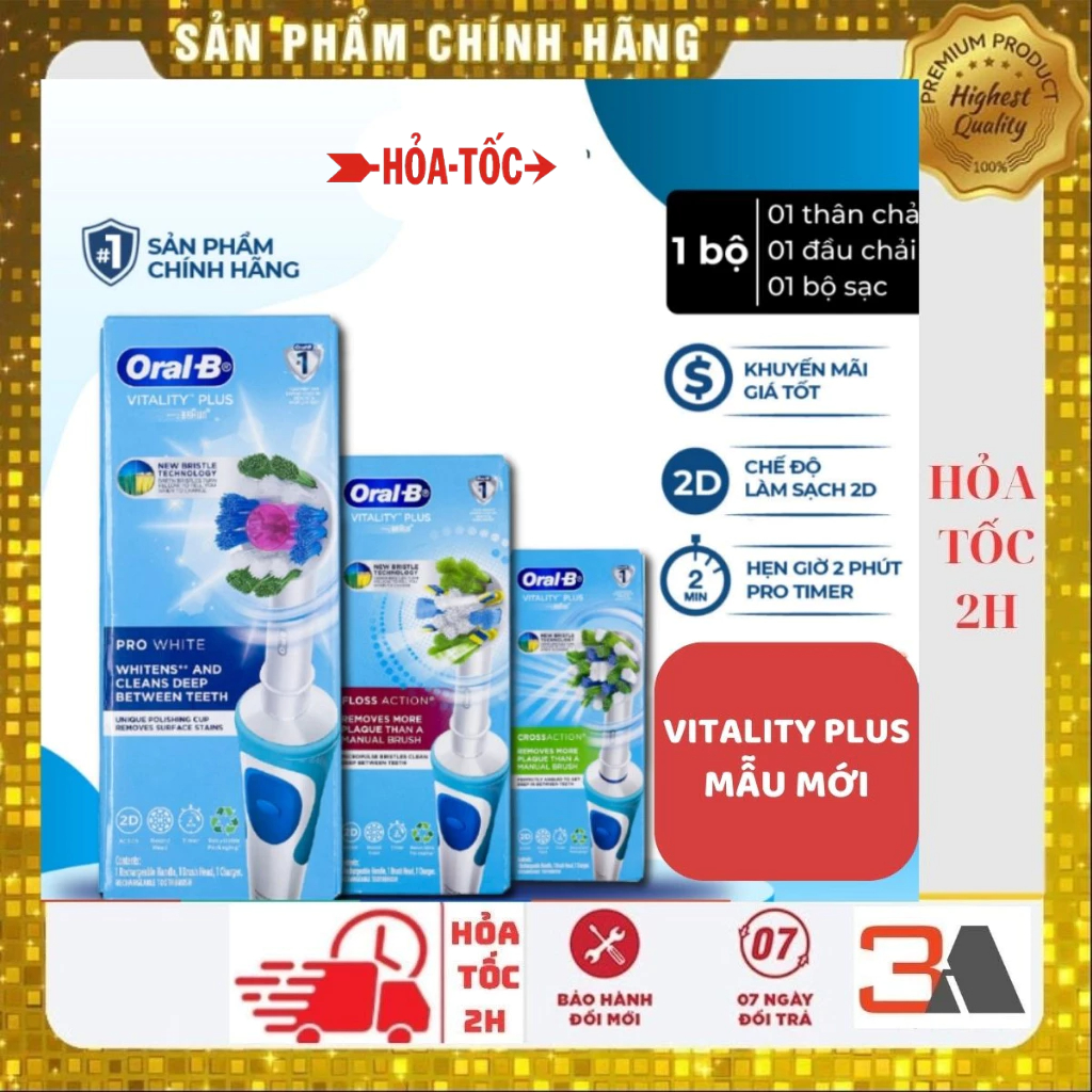 Bàn Chải Điện Vitality Plus Mẫu Mới - Hẹn Giờ 2-Phút, Pin 8 Ngày, Nhiều Loại Đầu Làm Sạch Răng, mẫu 2023