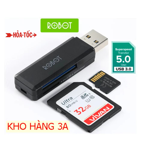 Đầu đọc thẻ nhớ USB ROBOT CR102 Chuẩn USB 3.0 Tốc độ truyền tải nhanh khe cắm thẻ nhớ SD/MicroSD - Hàng Chính Hãng