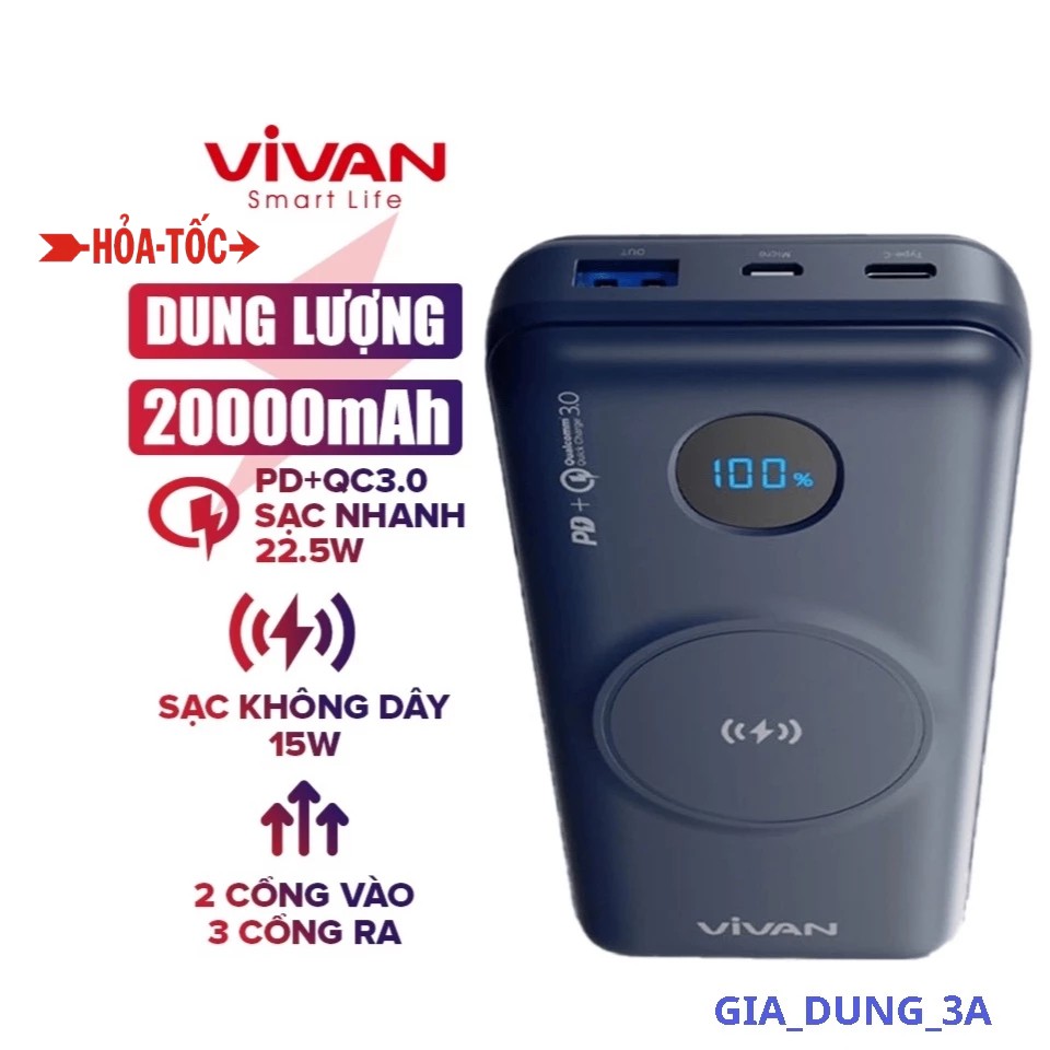Pin Sạc Dự Phòng không dây 20000mAh VIVAN VPB-W20 Hiển thị đèn thông minh không dây 3 cổng  sạc nhanh 15W QC3.0 PD