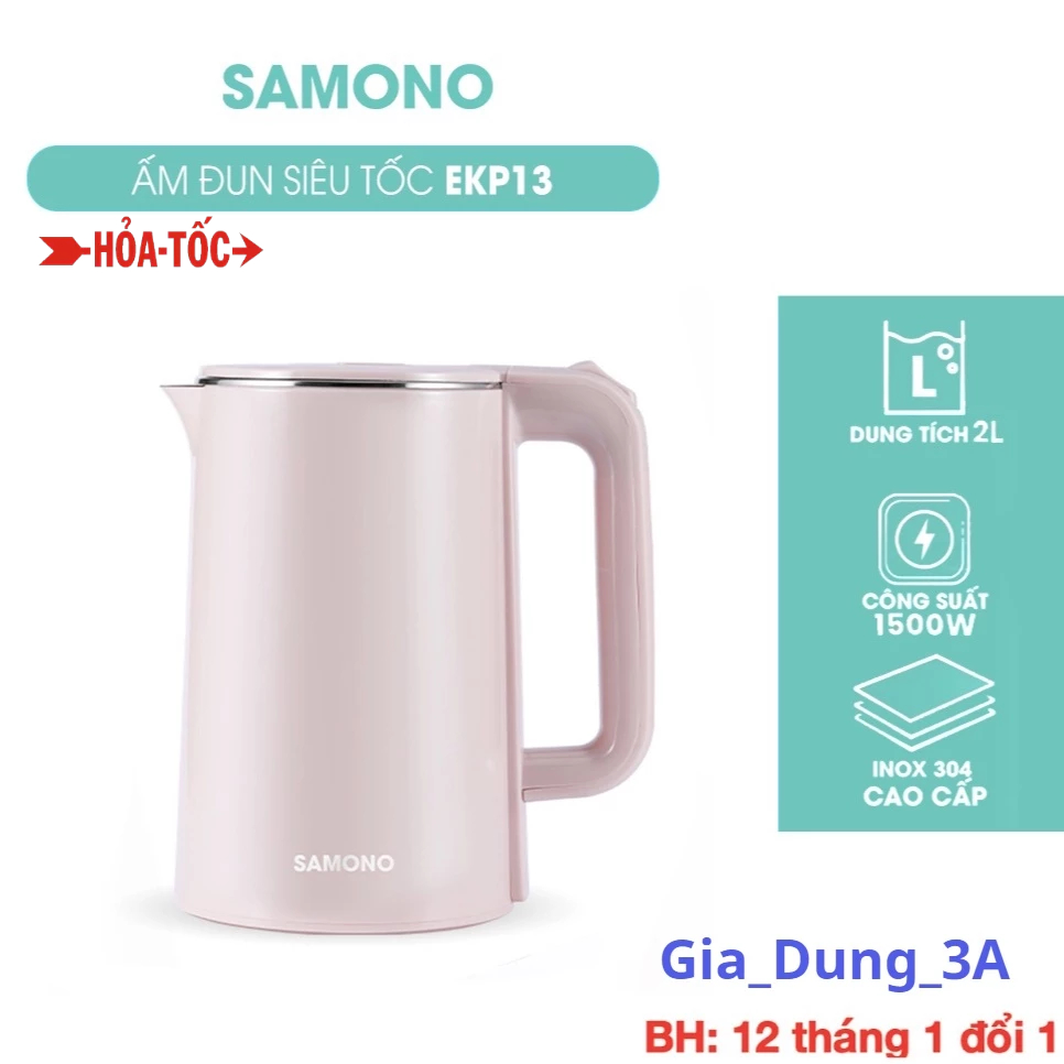 Ấm đun siêu tốc dung tích đến 2L, 1500W, Samono SW-EKP13, hai lớp chống nhiệt cao cấp, hồng pastel, Chính Hãng