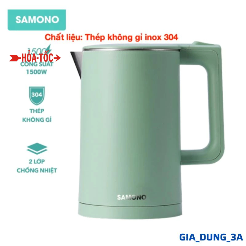 Ấm đun siêu tốc - SAMONO SW-R1 - 2 lớp chống nhiệt - công suất 1500W - dung tích 1.8L - inox 304
