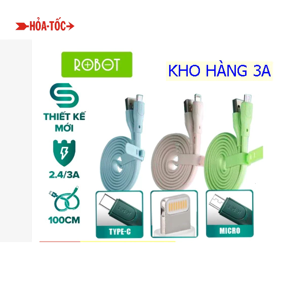 Cáp Sạc Nhanh USB ROBOT RGL100/RGC100/RGM100 Dây Cao Su Dẹp Chống Rối Dài 1m 100CM- Màu Sắc Trẻ Trung