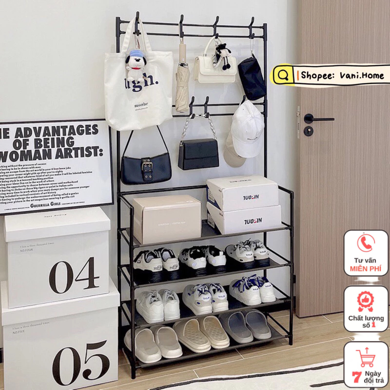 Kệ để giày dép đa năng chữ h có móc treo đồ quần áo,túi xách,nón decor nhà cửa,Giá để giày dép 4 tầng style Hàn Quốc,,,,