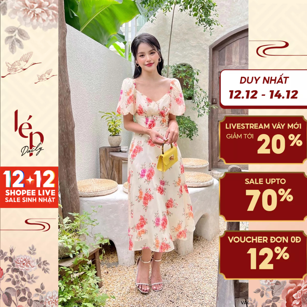 Váy hoa cúp ngực be 1VA01617BE Lep'