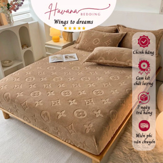 Ga gối nỉ HAVANA BEDDING thương hiệu LV Sét ga kèm 2 vỏ gối nỉ êm mềm giữ nhiệt tốt logo nổi bật hiện đại