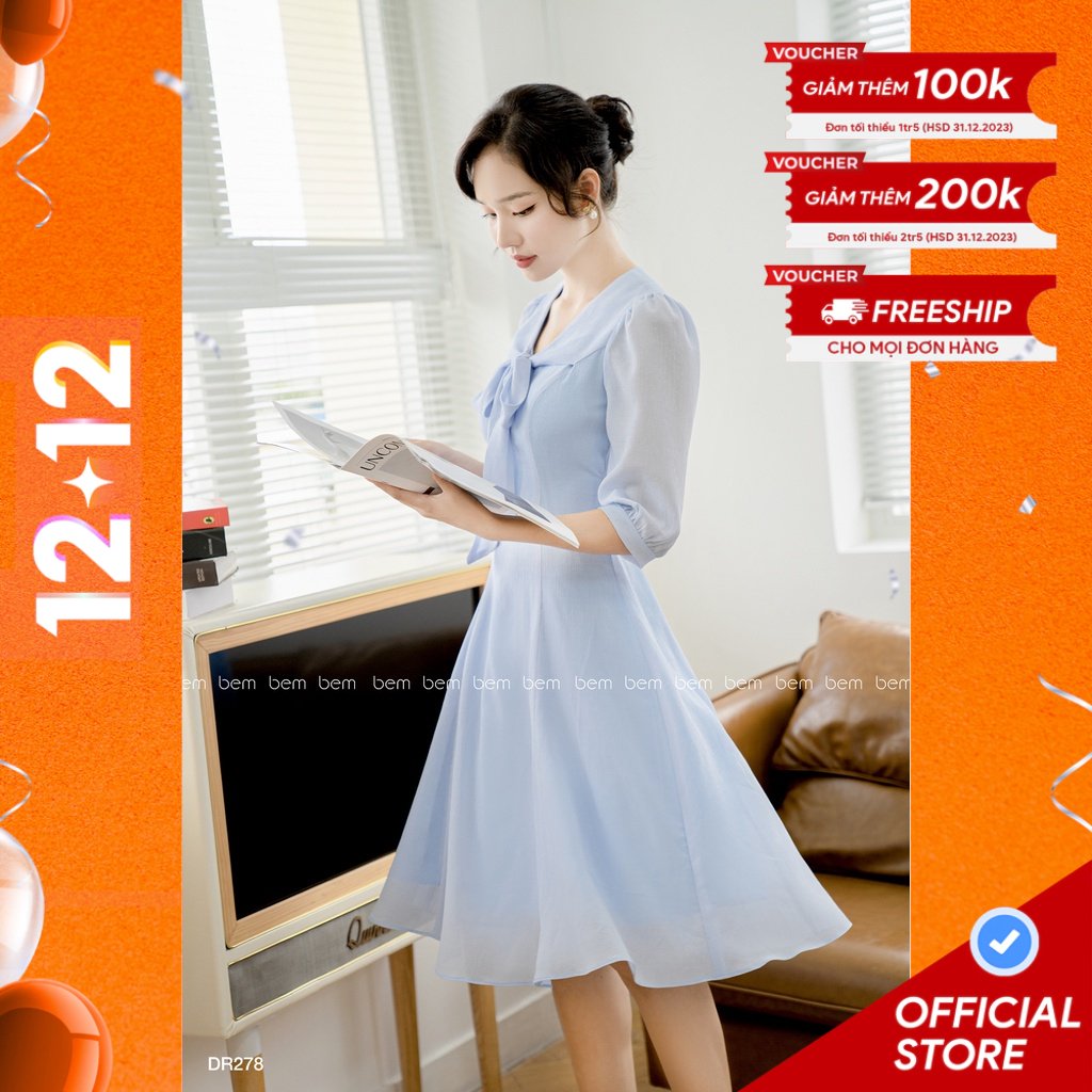 ĐẦM Công Sở Xanh Dương Tùng Xòe Cổ Phối Nơ Xinh Xắn BEM STUDIO (DR278)