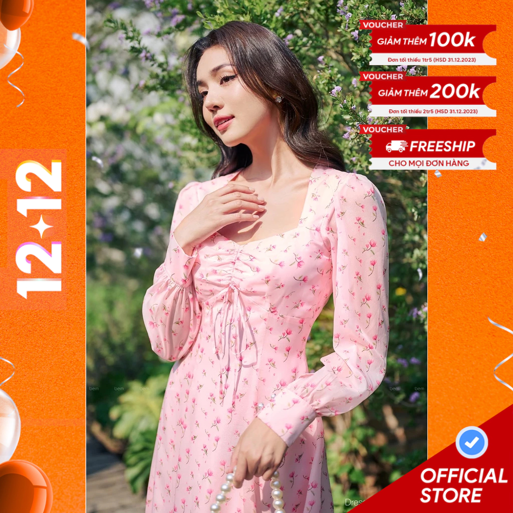 Đầm Hoa Nhí Hồng Phần Cổ Cách Điệu Dây Nơ Điệu Đà Tay Dài Thanh Lịch BEM Studio (DR367)