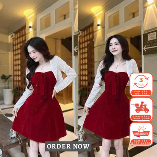 Đầm Kèm Áo Khoác Len Ren Tay Dài Thời Trang, set váy kèm áo khoác cadigan
