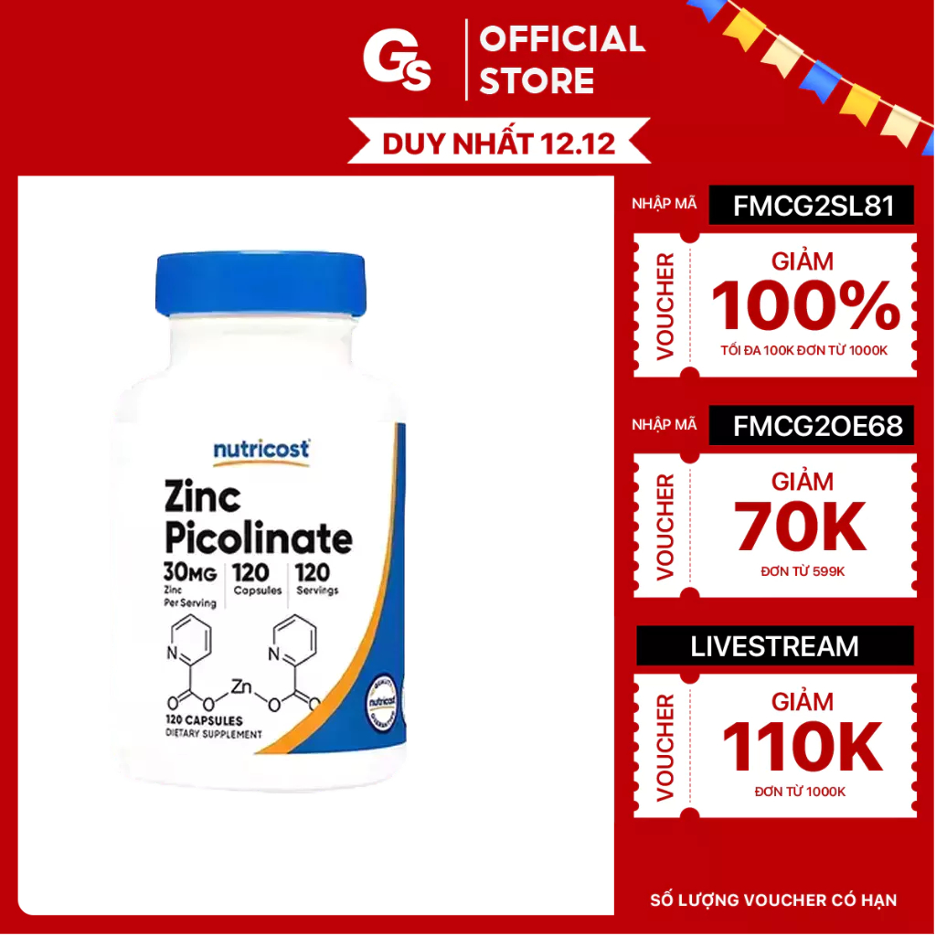 Viên uống kẽm Nutricost Zinc Picolinate 30mg nhập khẩu Mỹ - Gymstore giúp tăng hệ miễn dịch, xây dựng cơ bắp