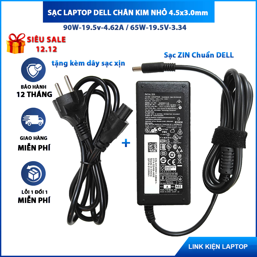 Sạc laptop Dell chân kim nhỏ 65W 3.34A, 90W 4.62A Inspiron Latitude Vostro Bảo Hành 12 Tháng Mới 100%