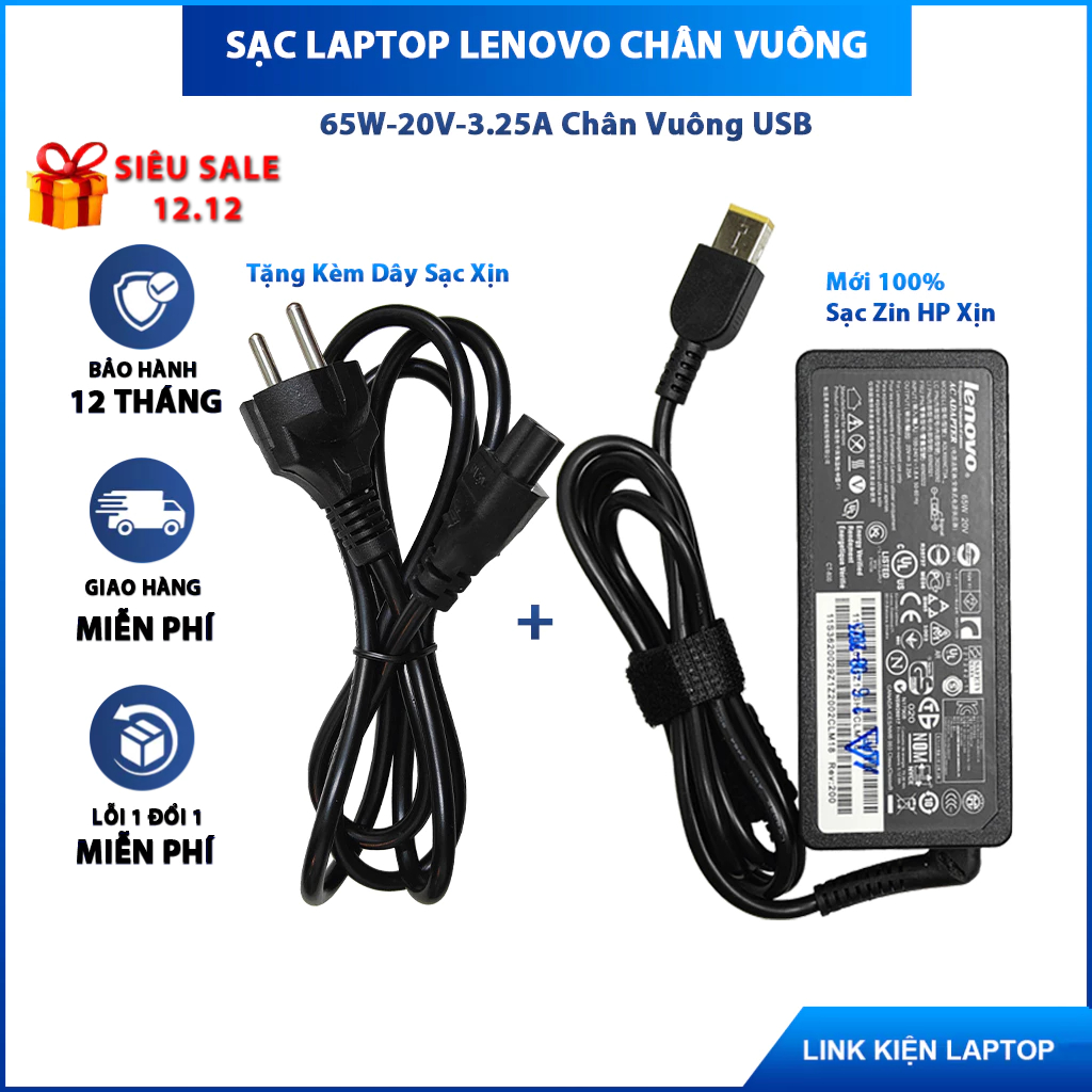 Sạc Laptop Lenovo Chân Vuông USB 65W 20V 3.25A ThinkPad IdeaPad YoGa Bảo Hành 12 Tháng Mới 100%