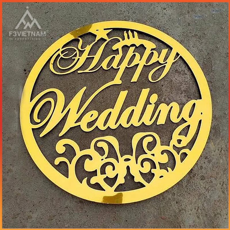 Chữ Happy Wedding Alu Gương Vàng Dày 3ly Dán Xe Hoa Kt 40x40cm; 60x60cm Dùng Cho Đám Cưới