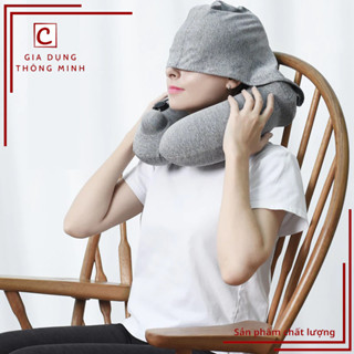 Gối đi máy bay, gối hơi ngủ trưa văn phòng, gối chữ U có kèm mũ chụp mắt, Gối chữ U gấp gọn -PR171