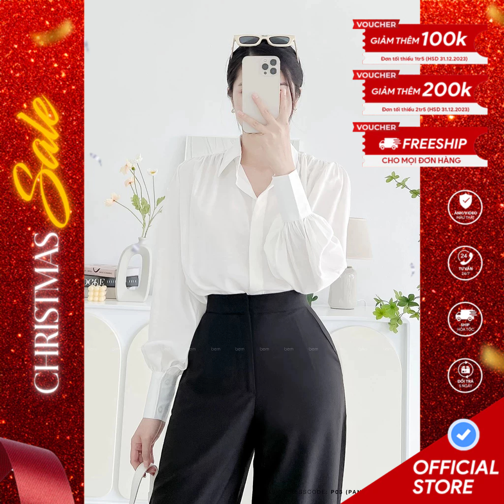 Áo Sơmi Trắng Freesize Tay Phồng & Quần Tây Đen Ống Rộng BEM Studio (T07 & P03)