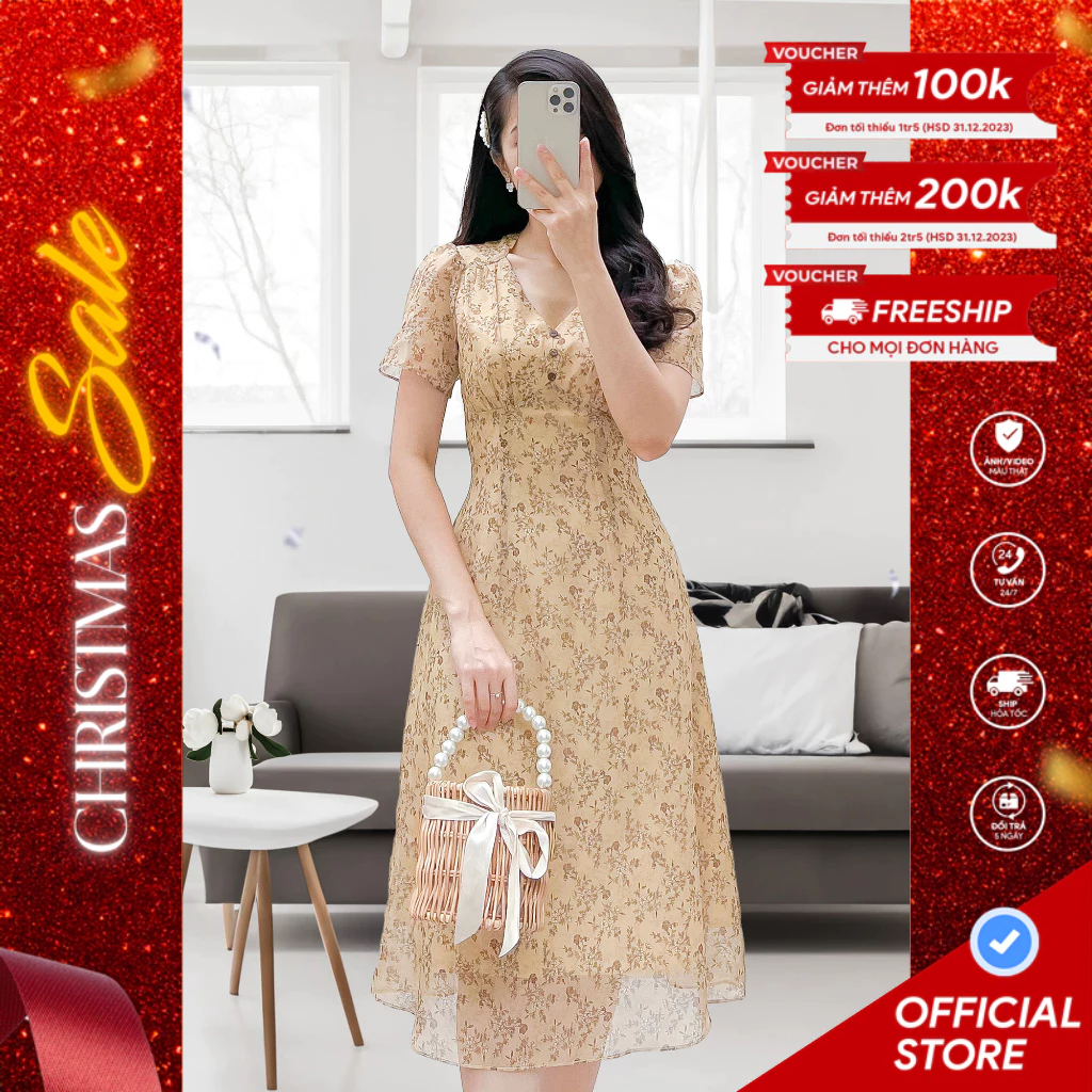Đầm Hoa Vàng Cổ Điển Với Cổ V Chất Chiffon Hàn BEM Studio (DR412)