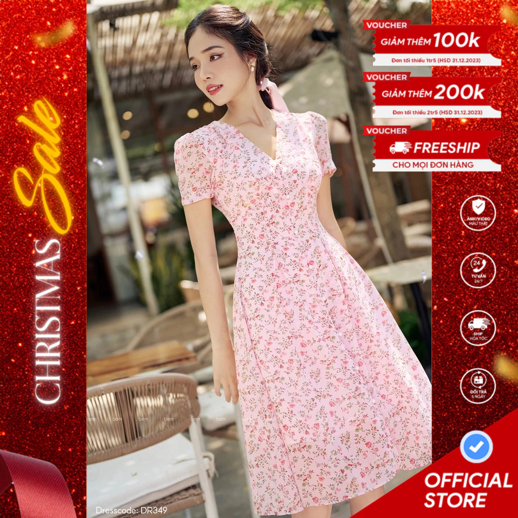 Đầm Hoa Nhí Hồng Form Tôn Dáng Có Đính Nút Ngọc BEM Studio (DR349)