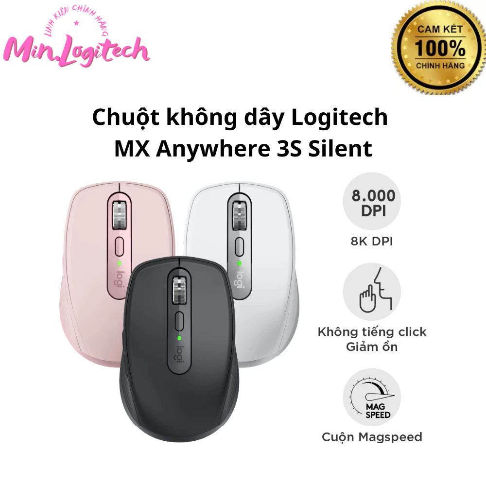 Chuột không dây Logitech MX Anywhere 3S Silent -Cuộn nhanh, 8000DPI, Sạc USB C, Bluetooth - Sản Phẩm Chính Hãng