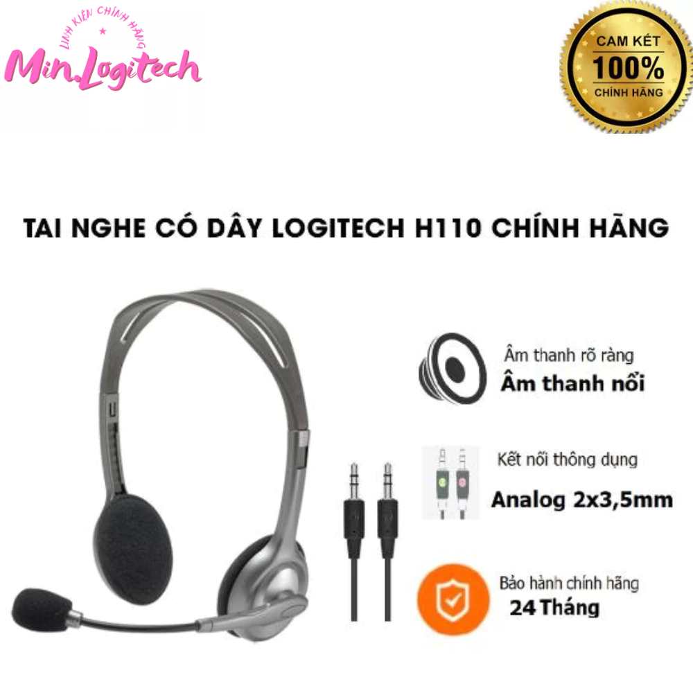 Tai nghe Logitech H110 - 2 Giắc 3.5mm - Sản Phẩm Chính Hãng