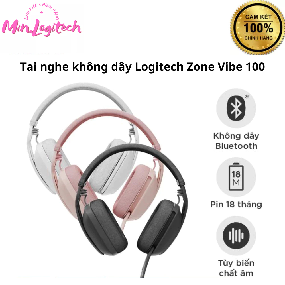 Tai nghe không dây Logitech Zone Vibe 100 - Nhẹ, Micrô khử ồn, Bluetooth đa điểm - Sản Phẩm Chính Hãng
