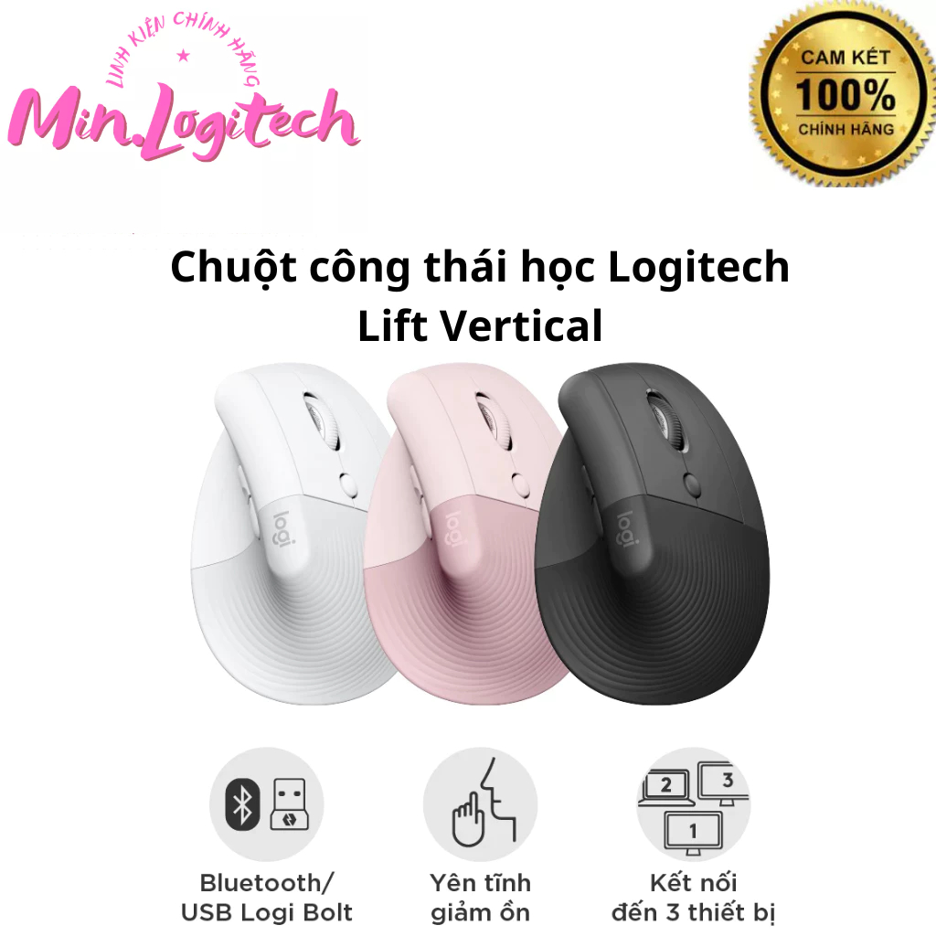 Chuột công thái học không dây Logitech Lift Vertical - Bluetooth | USB, giảm ồn, Win/ Mac - Sản Phẩm Chính Hãng