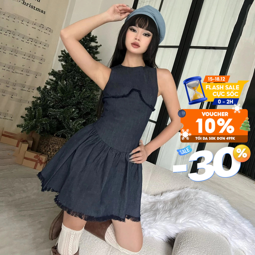 CARA Đầm jean ngắn Fay cổ tròn đuôi xòe chiết eo trendy cá tính