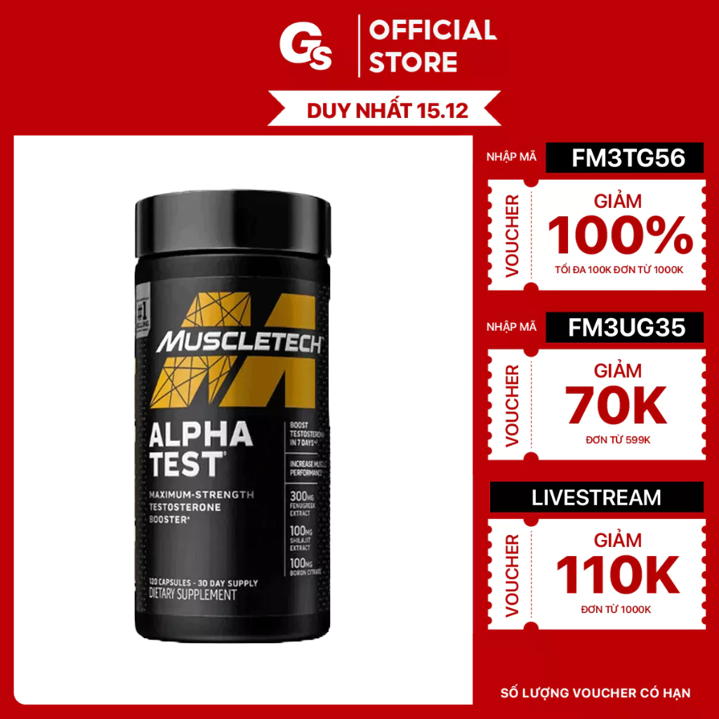 Viên uống Muscletech Alpha Test | Maximum Strength Testosteron Booster (120 viên) nhập khẩu Mỹ - Gymstore