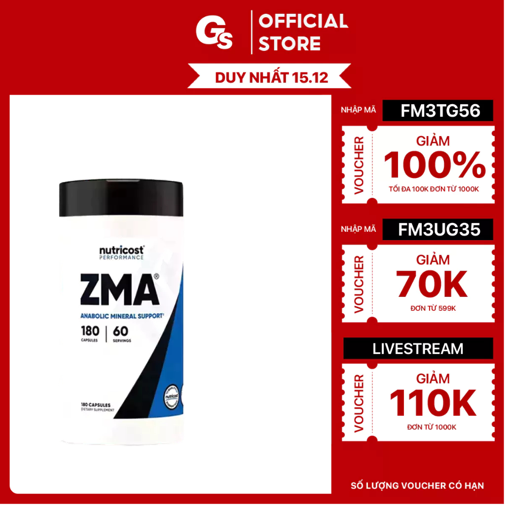 Viên uống Nutricost ZMA Anabolic Mineral Support - 490mg, (180 viên) nhập khẩu Mỹ - Gymstore tăng hệ miễn dịch, cơ bắp