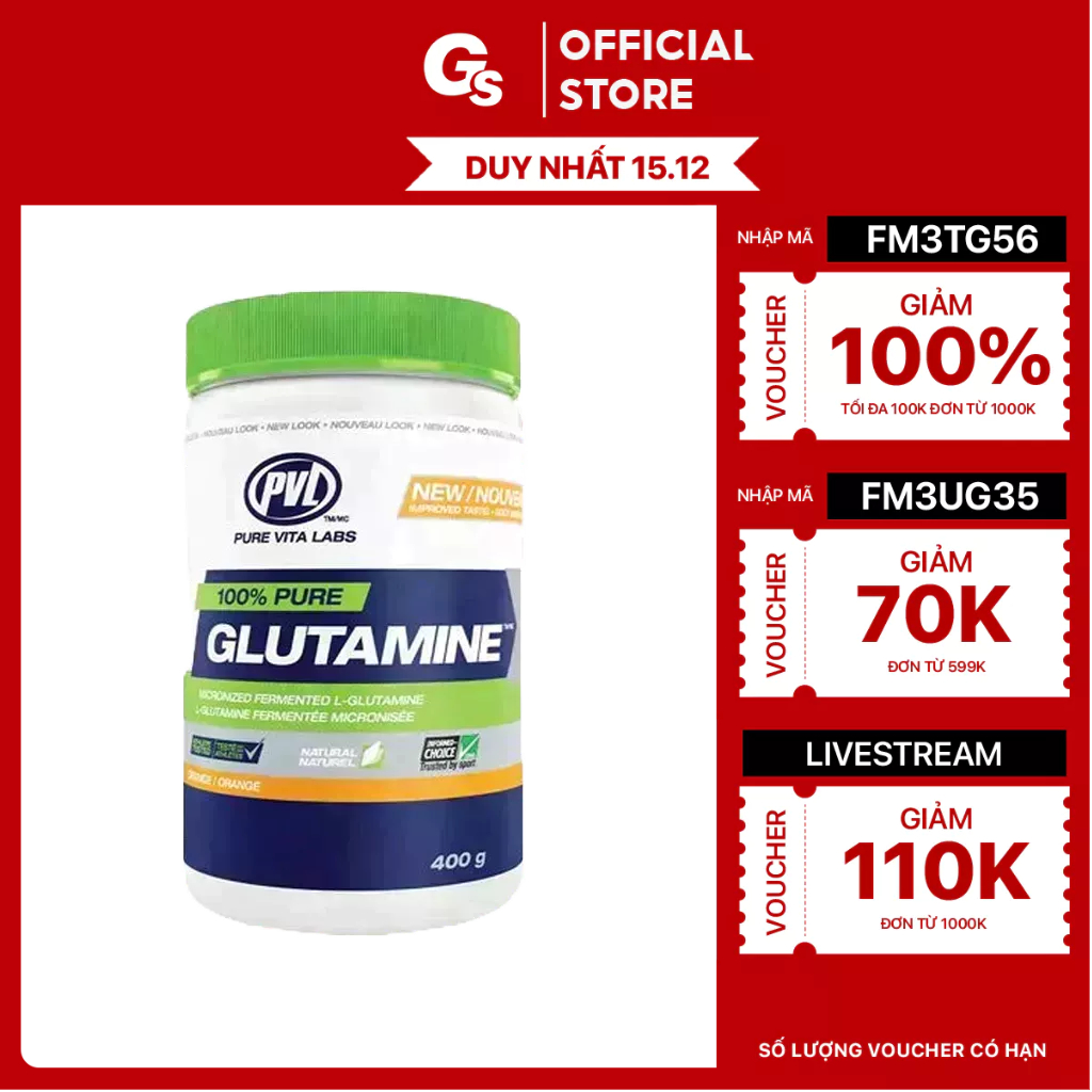 Bột phục hồi, xây dựng cơ bắp PVL 100% Pure Glutamine (400 gram, 80 Servings) nhập khẩu Canada - Gymstore