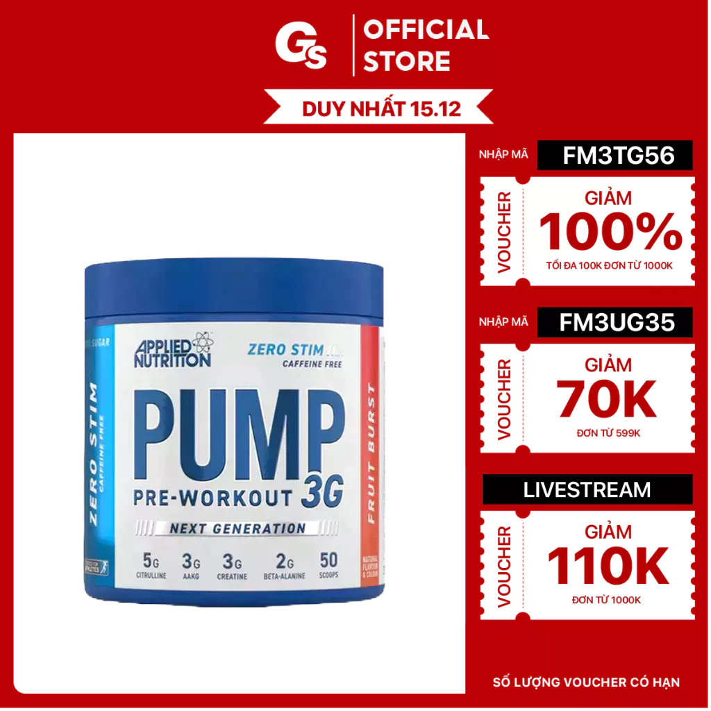 Bột tăng cơ Applied PUMP 3G Pre-Workout Caffein Free (50 muỗng) nhập khẩu Anh - Gymstore
