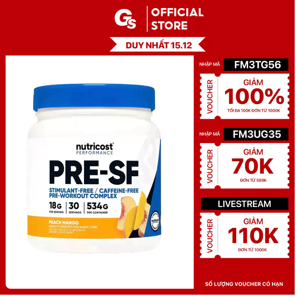 Bột tăng sức mạnh, sức bền cơ bắp Nutricost Stim-Free Pre-Workout Powder, 30 Servings nhập khẩu Mỹ phân phối Gymstore