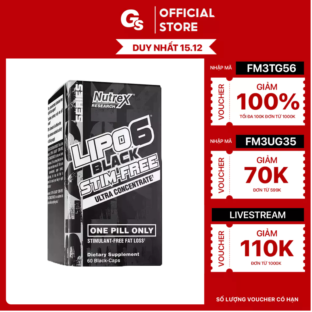Viên uống giảm mỡ Nutrex Lipo 6 Black Stim Free (60 viên) nhập khẩu Mỹ - Gymstore tăng sinh nhiệt, không chất kích thích