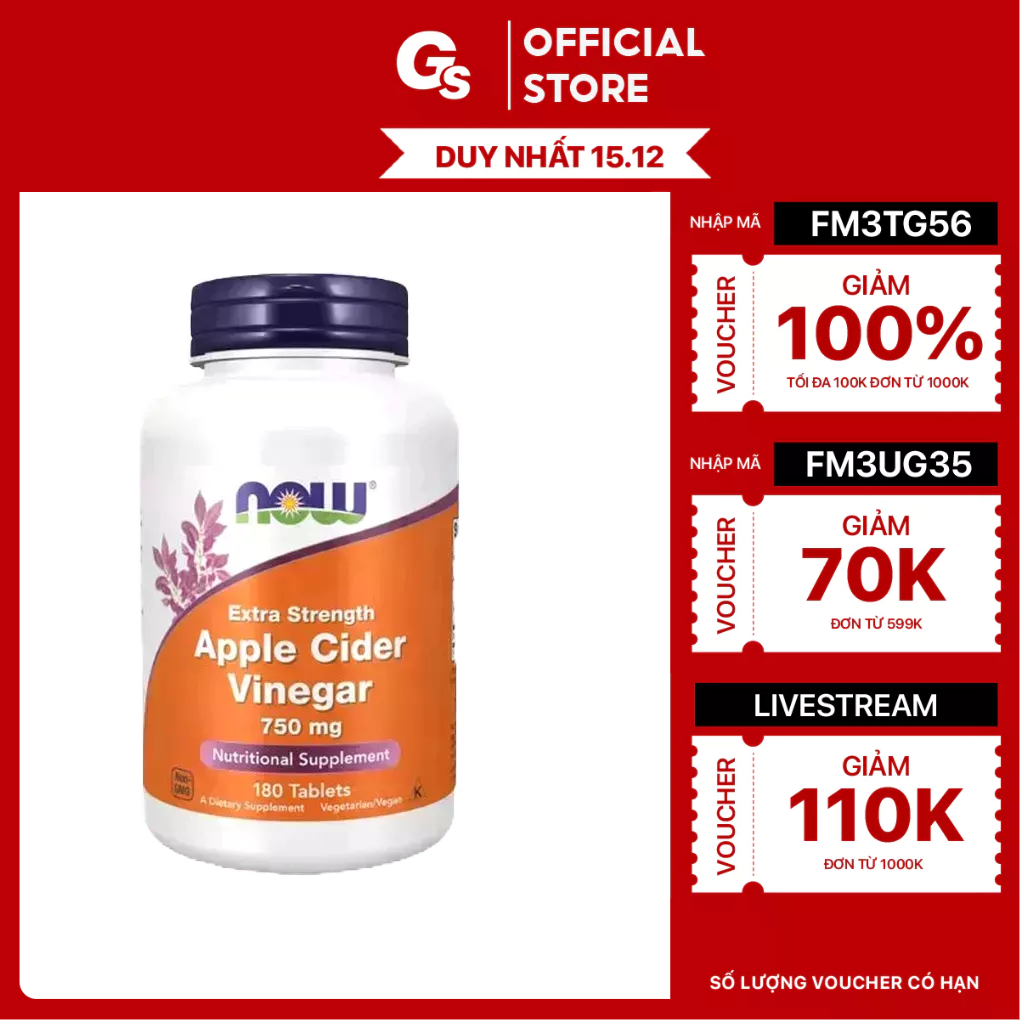Viên uống giấm táo Vitamin Now Apple Cider Vinegar - Extra Strength (750mg) nhập khẩu Mỹ - Gymstore