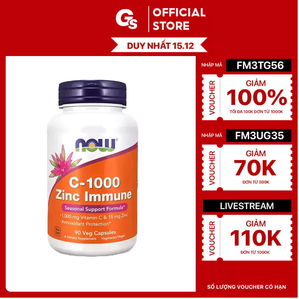Viên uống Now Vitamin C-1000 Zinc Immune (90 Veg Capsules) nhập khẩu Mỹ - Gymstore