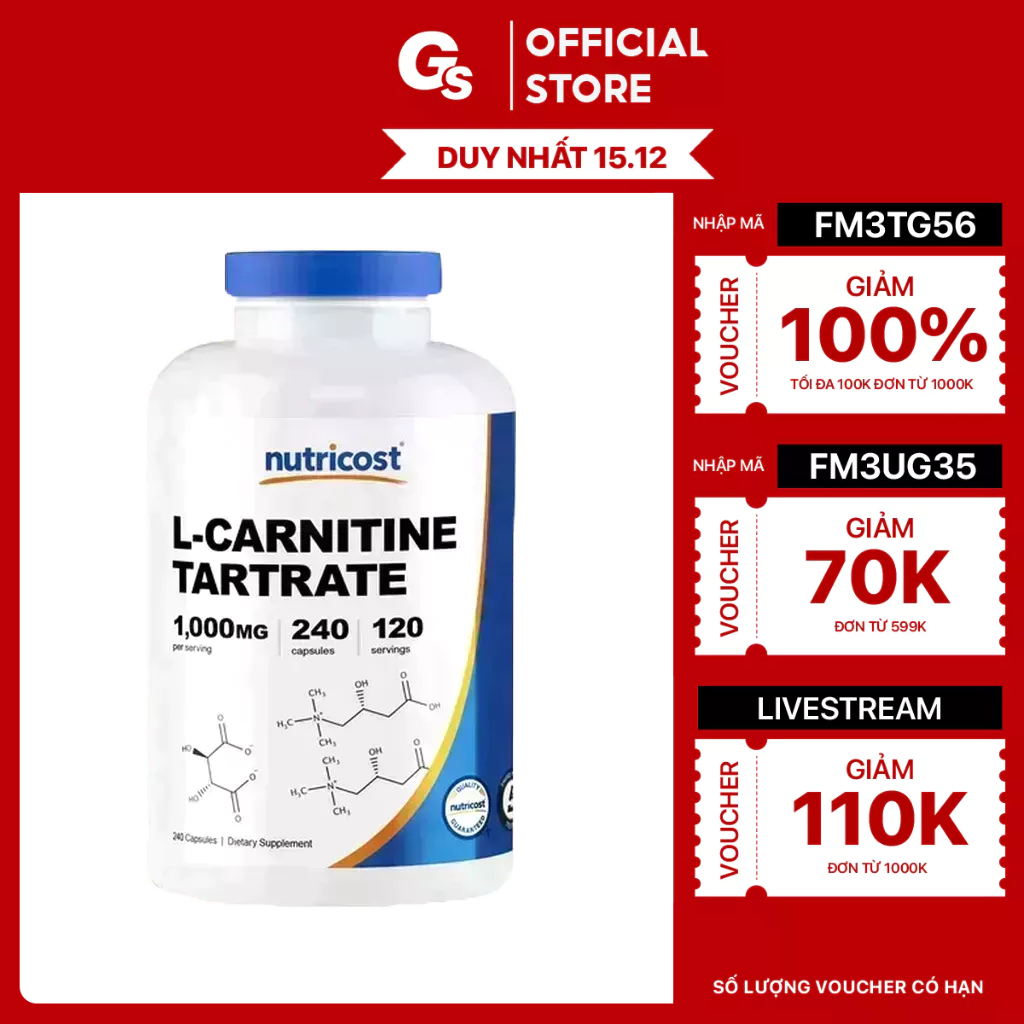 Viên uống Nutricost L-Carnitine Tartrate Capsules, 500 mg nhập khẩu Mỹ - Gymstore cải thiện phục hồi sau luyện tập
