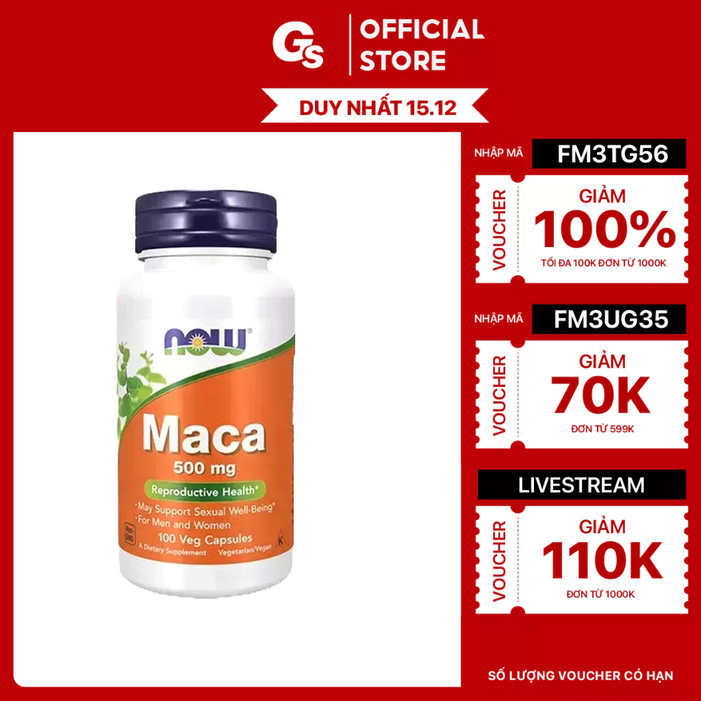 Viên uống hỗ trợ sinh lý nam nữ Now Maca 500mg Reproductive Health nhập khẩu Mỹ - Gymstore