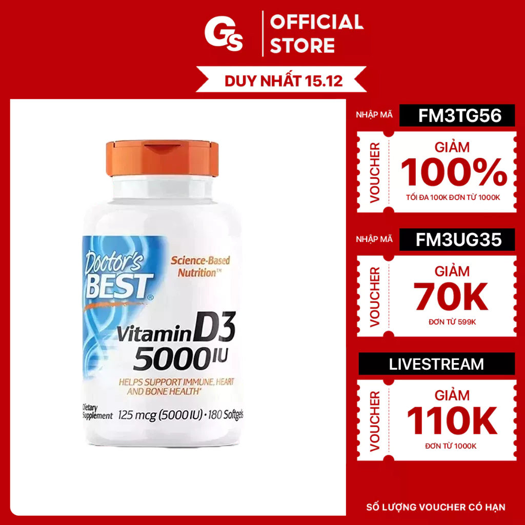 Viên uống Doctor's Best Vitamin D3 - 5000 IU (125 mcg) nhập khẩu Mỹ - Gymstore bảo vệ sức khỏe